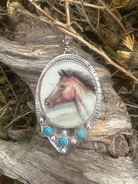 Porcelain Horse Pendant with Turquoise • Handmade Sterling Silver Equestrian Jewelry • Horse Lover Gift • Western Cowgirl Necklace