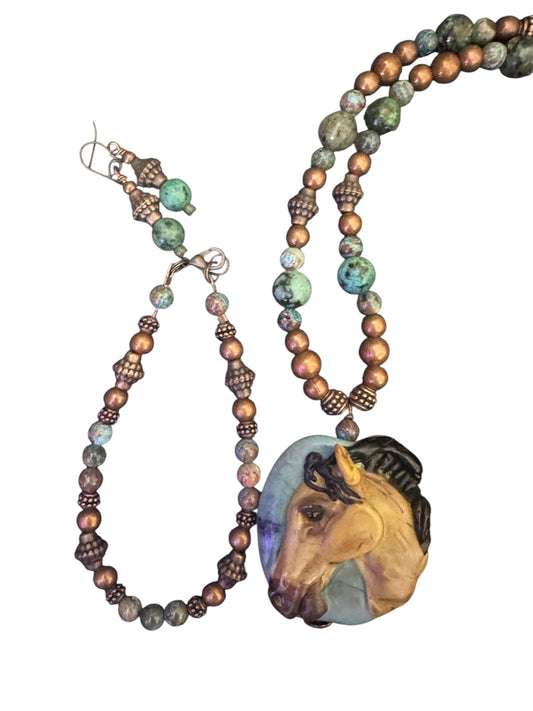 Hand Sculpted Lampwork Glass Horse Necklace & Earring Set