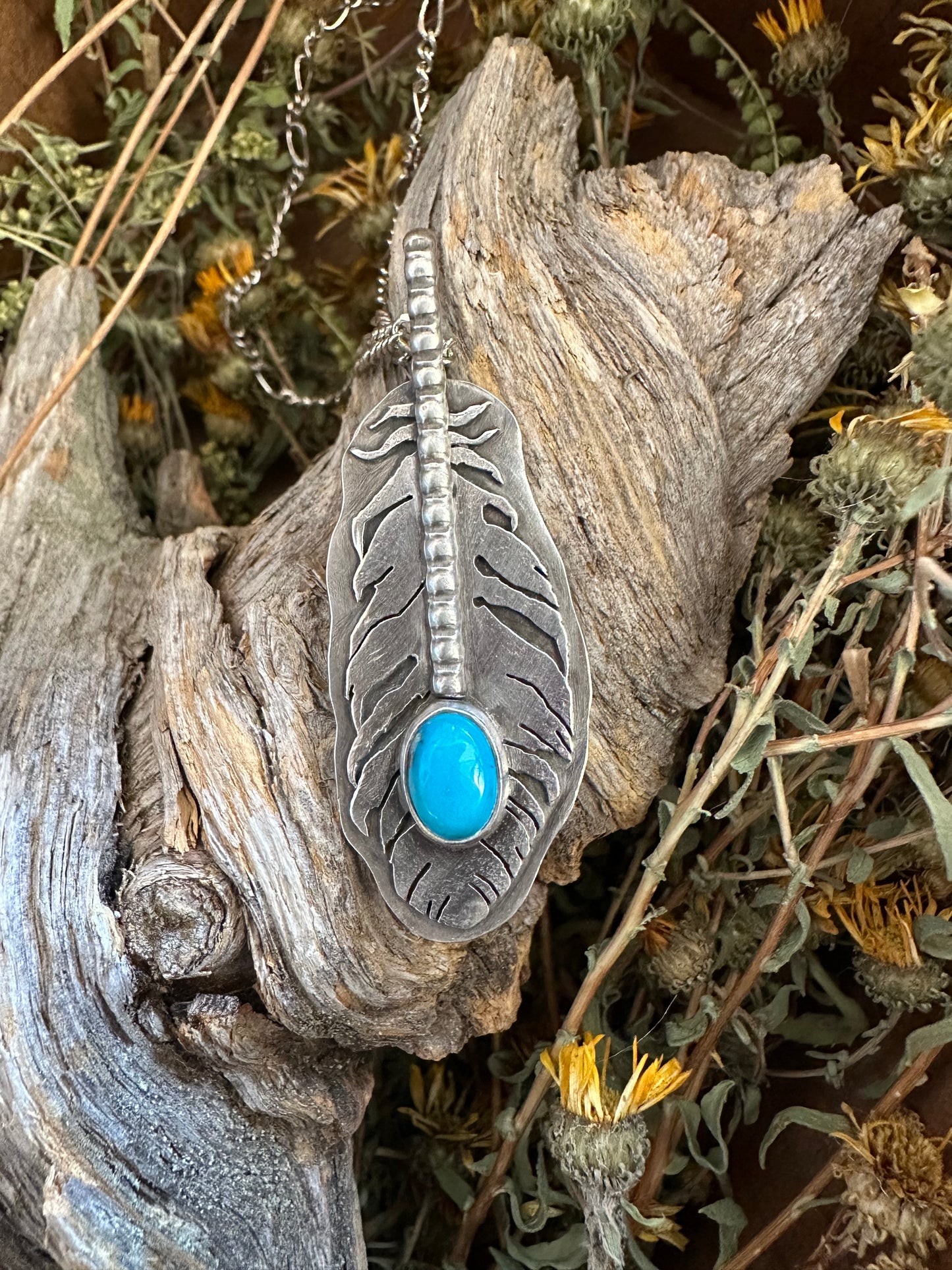 Hand sawn feather with turquoise necklace, feather necklace
