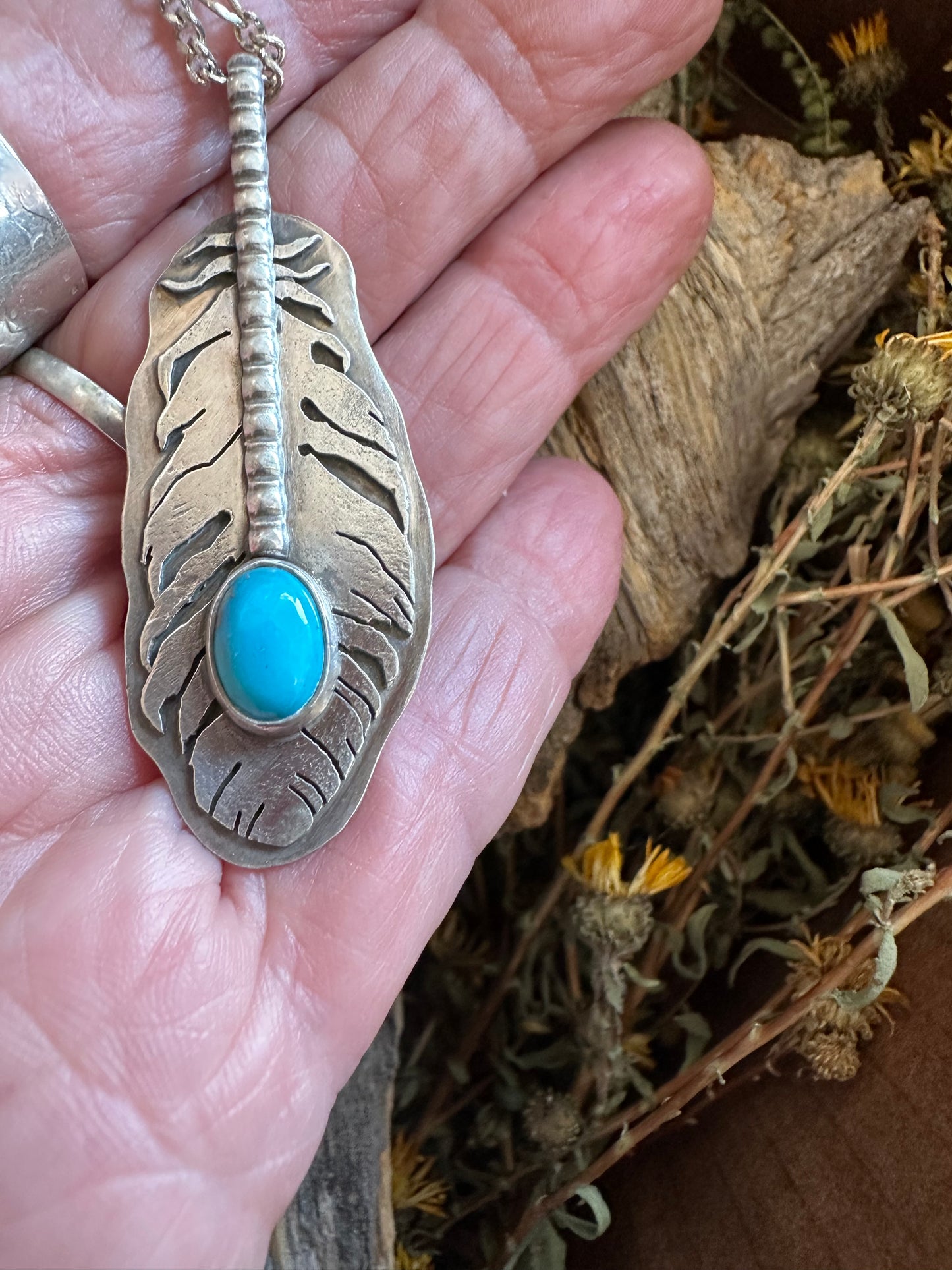 Hand sawn feather with turquoise necklace, feather necklace