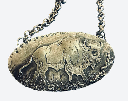 Hand fabricated Buffalo Necklace, sterling silver Buffalo jewelry