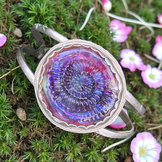 Handmade Lampwork Glass Cuff Bracelet – Sterling Silver Adjustable Bangle, Artisan Jewelry, Iridescent Statement Bracelet