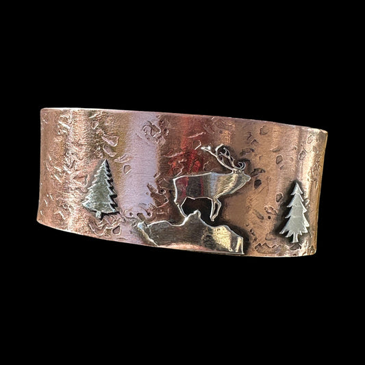 Copper & Sterling Silver Elk Cuff – Handcrafted Mountain Scene Bracelet