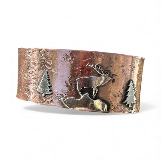 Copper & Sterling Silver Elk Cuff – Handcrafted Mountain Scene Bracelet