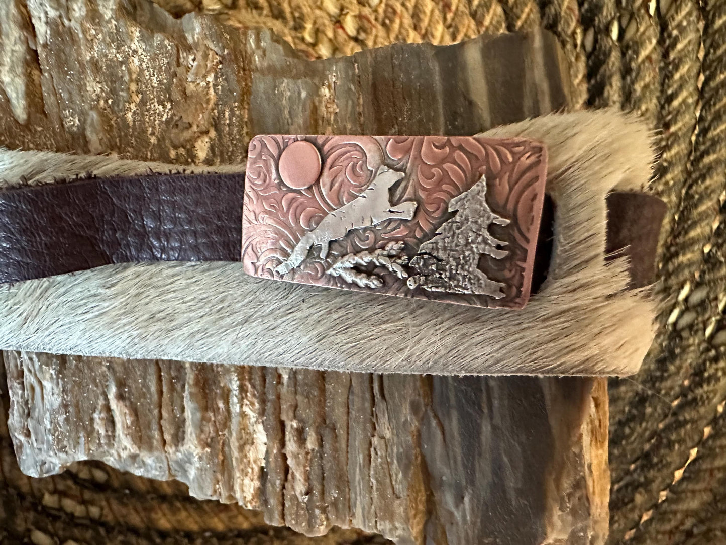 Wide rustic leaping fox in woods bi-metal cuff,  old west, handcrafted metalwork, western style closure