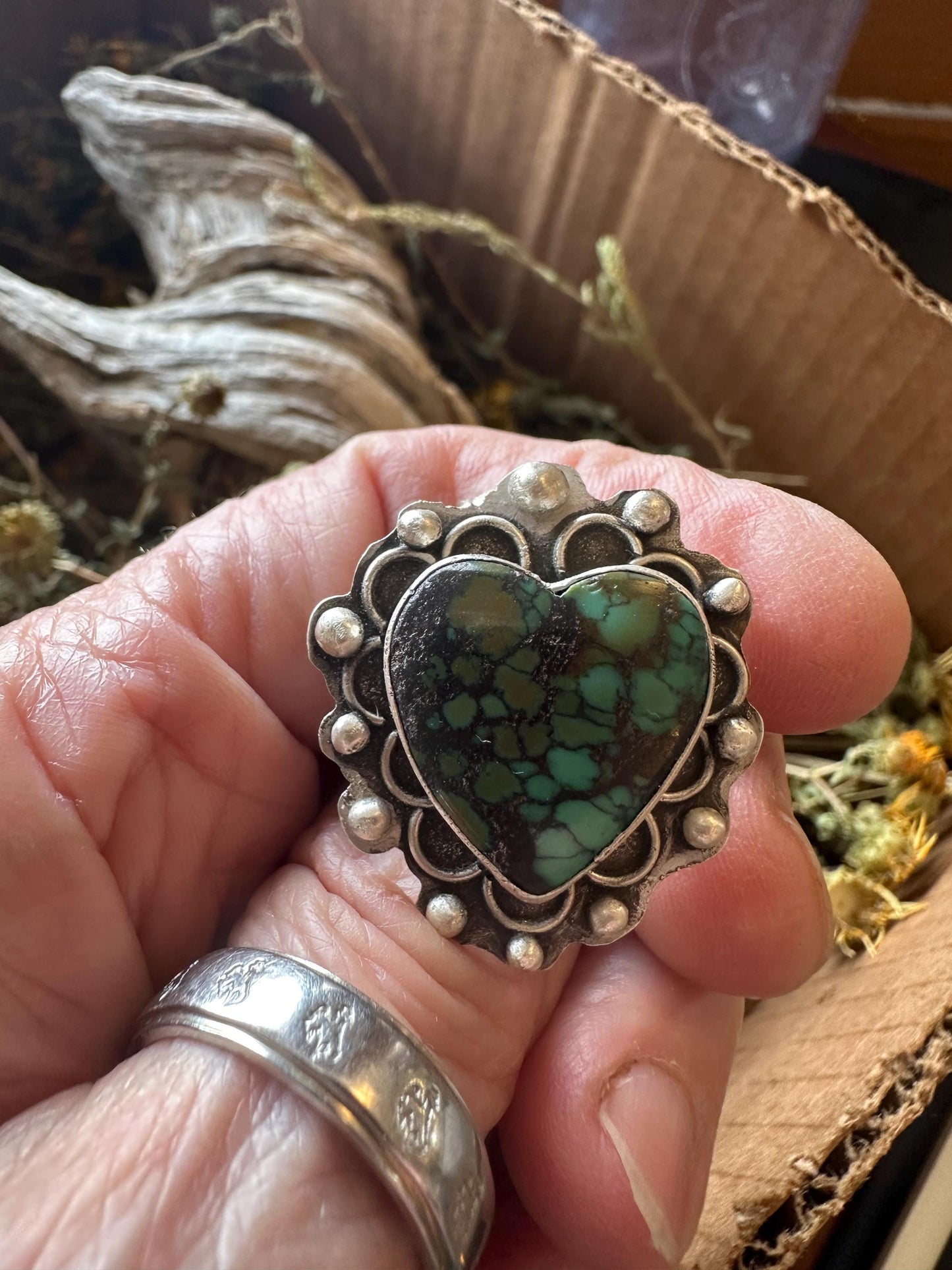 Artisan Heart Turquoise Sterling silver ring. hand forged, hand made, size 9
