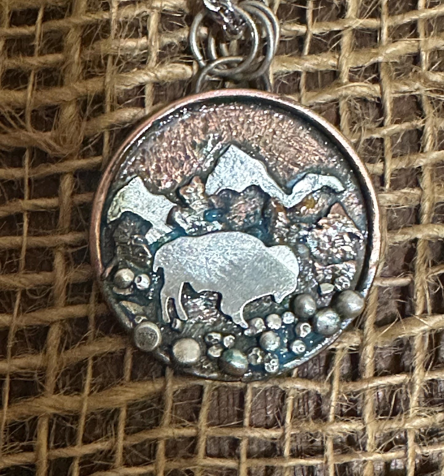 Handmade buffalo in mountains tri metal necklace