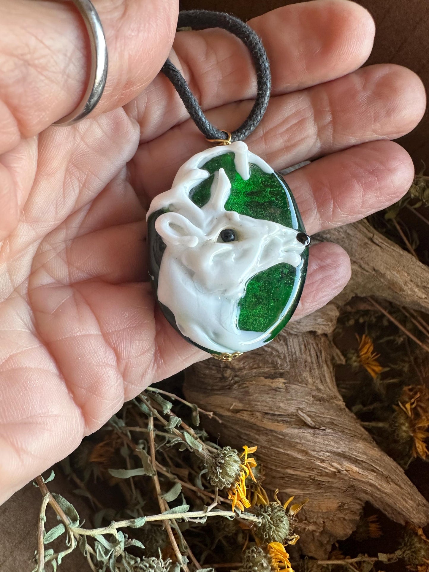 Albino buck deer lampwork glass necklace