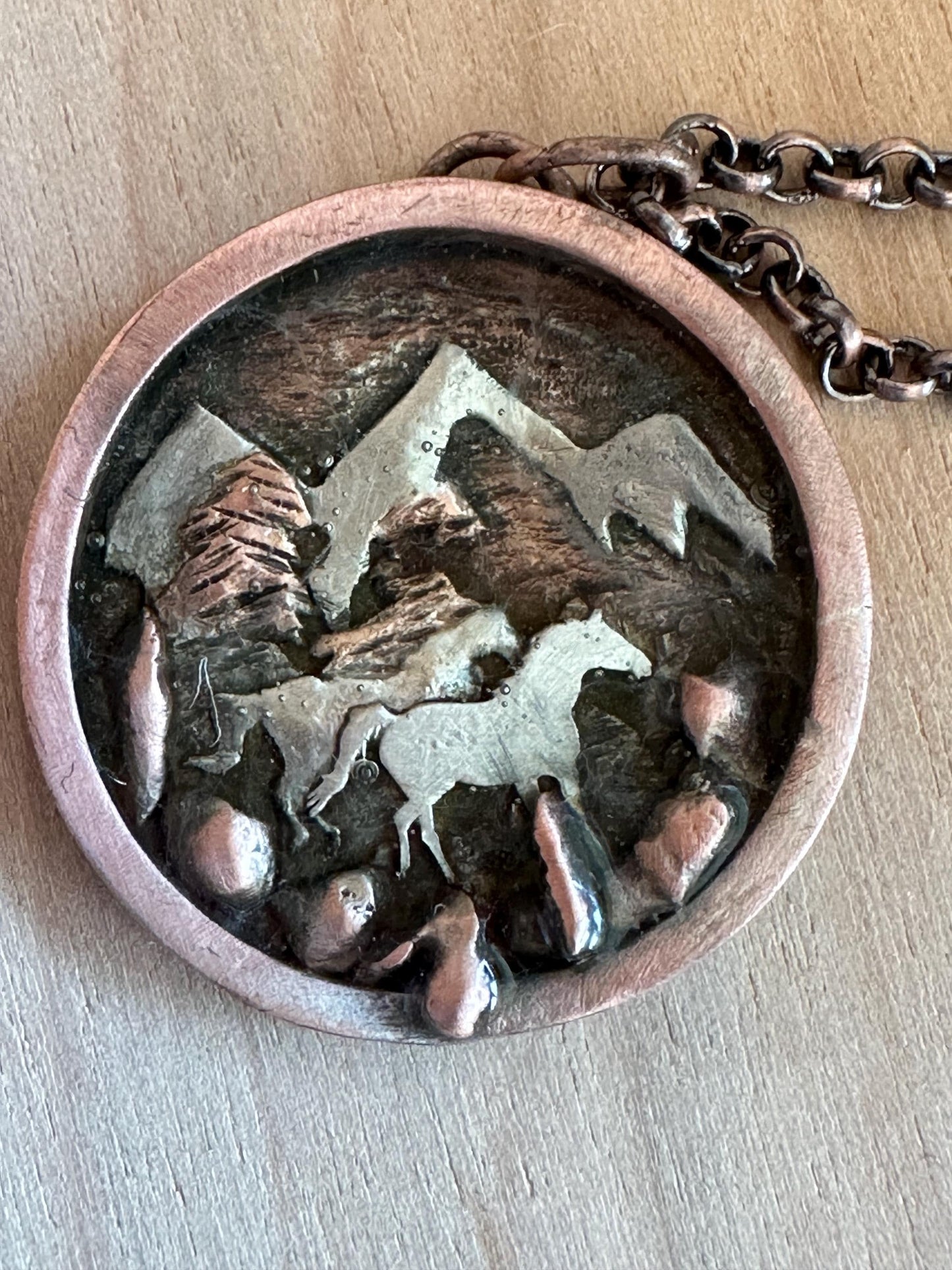 Handmade running horses in mountains bi- metal necklace
