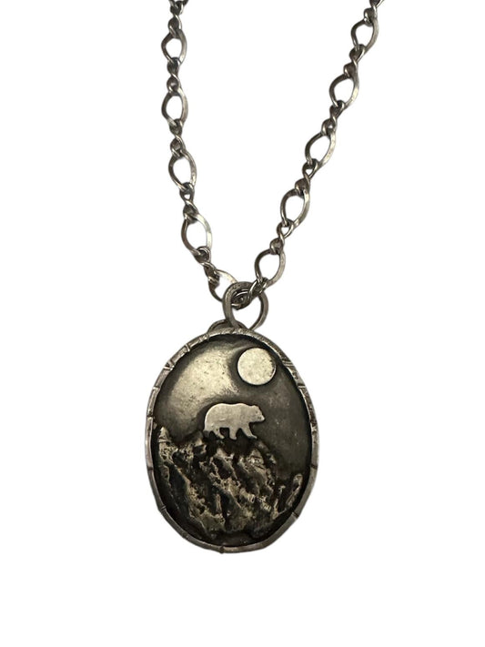 Bear in mountains hand forged silver necklace