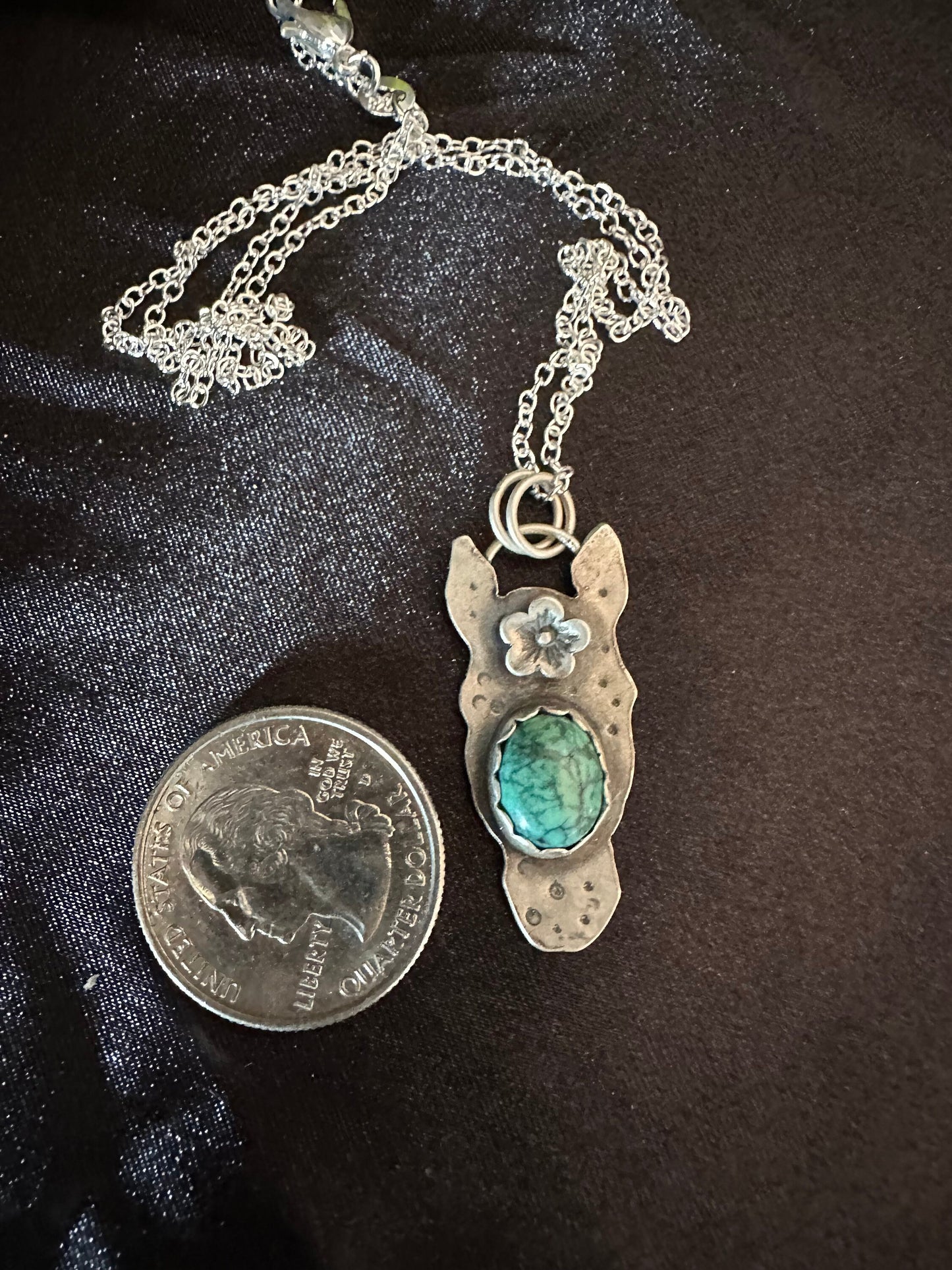 Horse head pendant, hand forged with turquoise