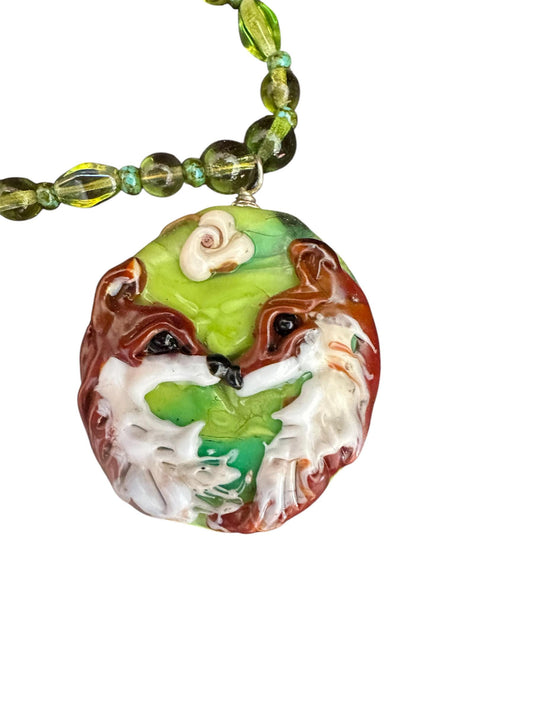 Pair of Red fox lampwork glass necklace, loving fox , love