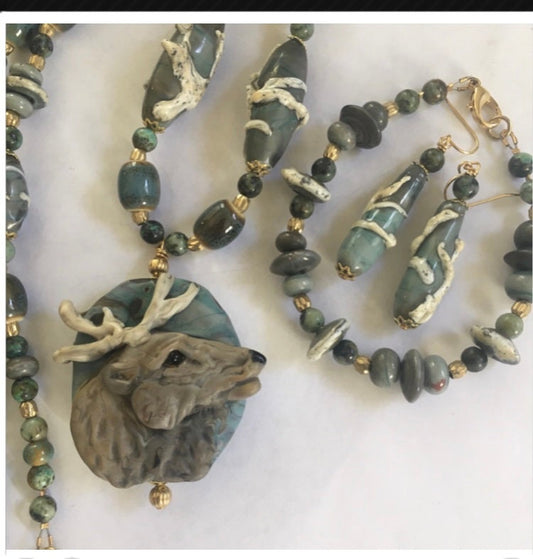 Lampwork Elk set, rocky mountain elk jewelry, elk necklace, wildlife statement jewelry, statement jewelry, long pendant necklace, elk theme