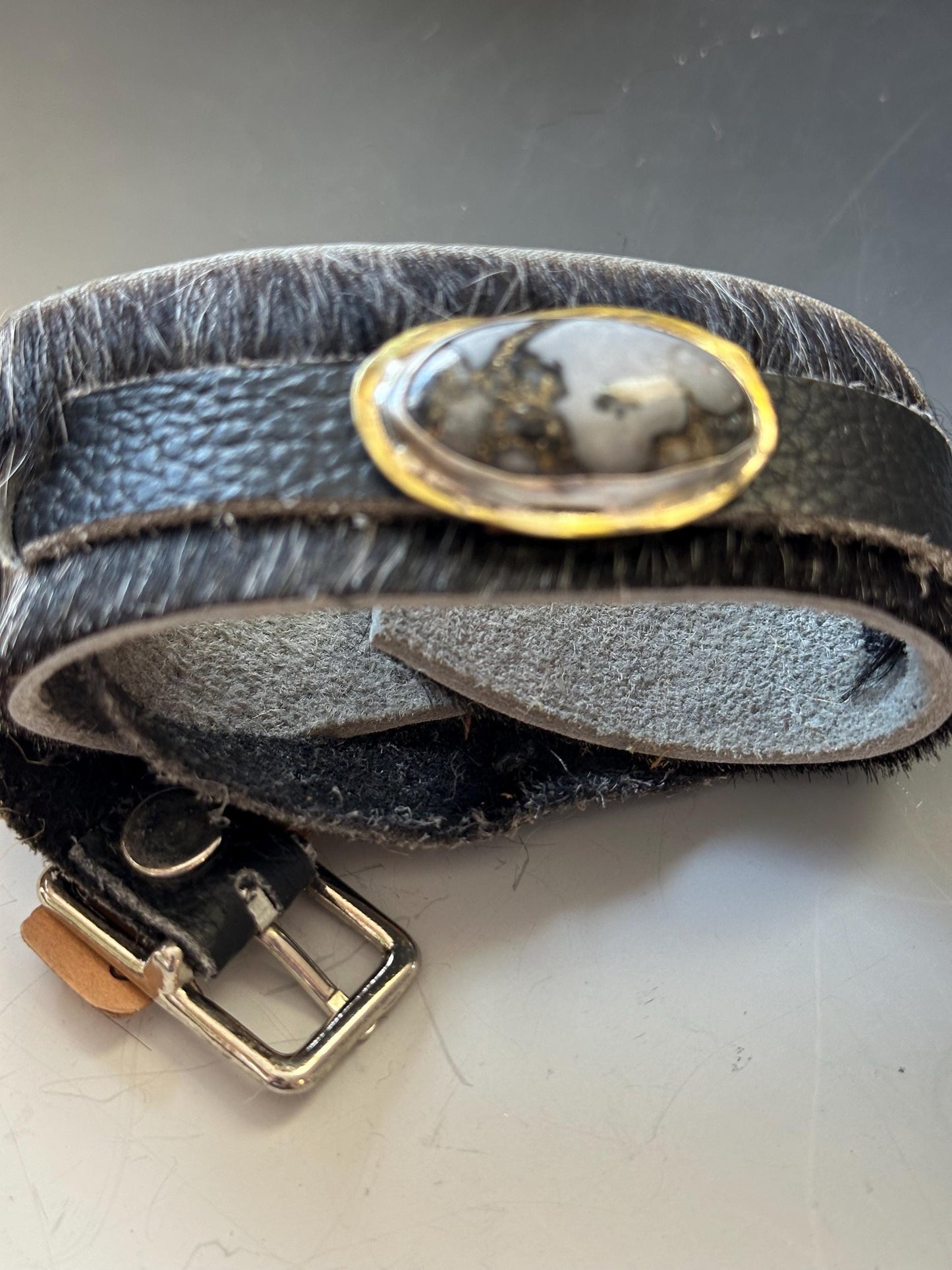 Leather bracelet, dendrite agate and leather, hide on leather,OOAK, statement bracelet