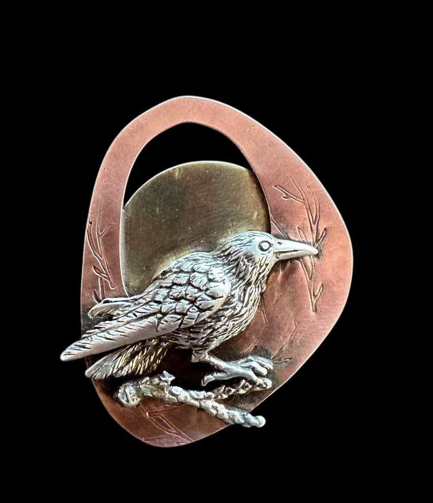 Raven  pin, mixed metal brooch, raven, crow
