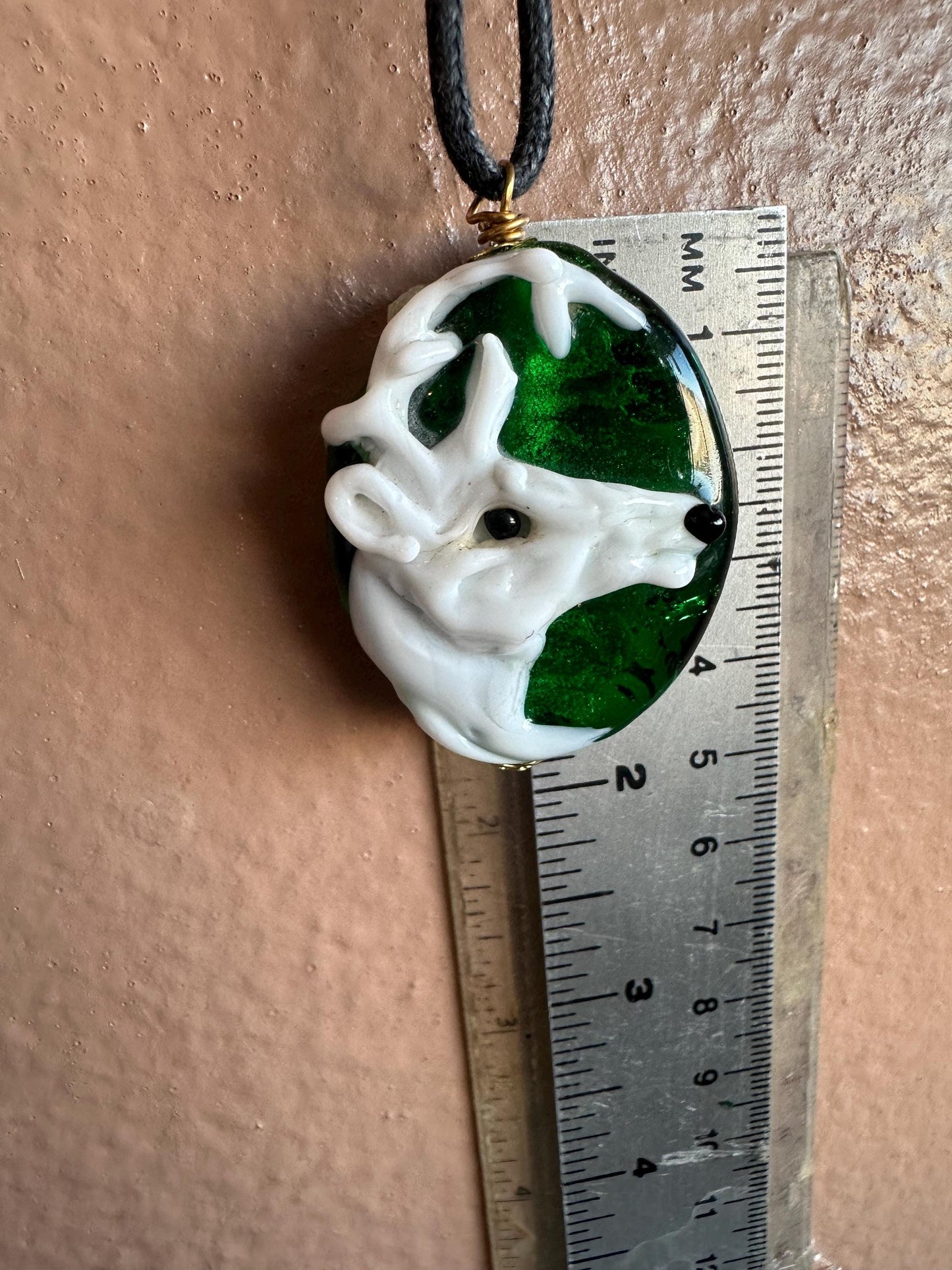 Albino buck deer lampwork glass necklace