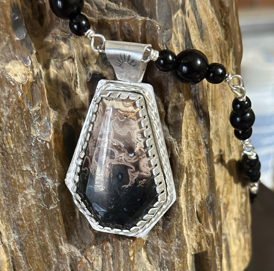 Agatized Palm root stone necklace, classic black and ivory necklace,