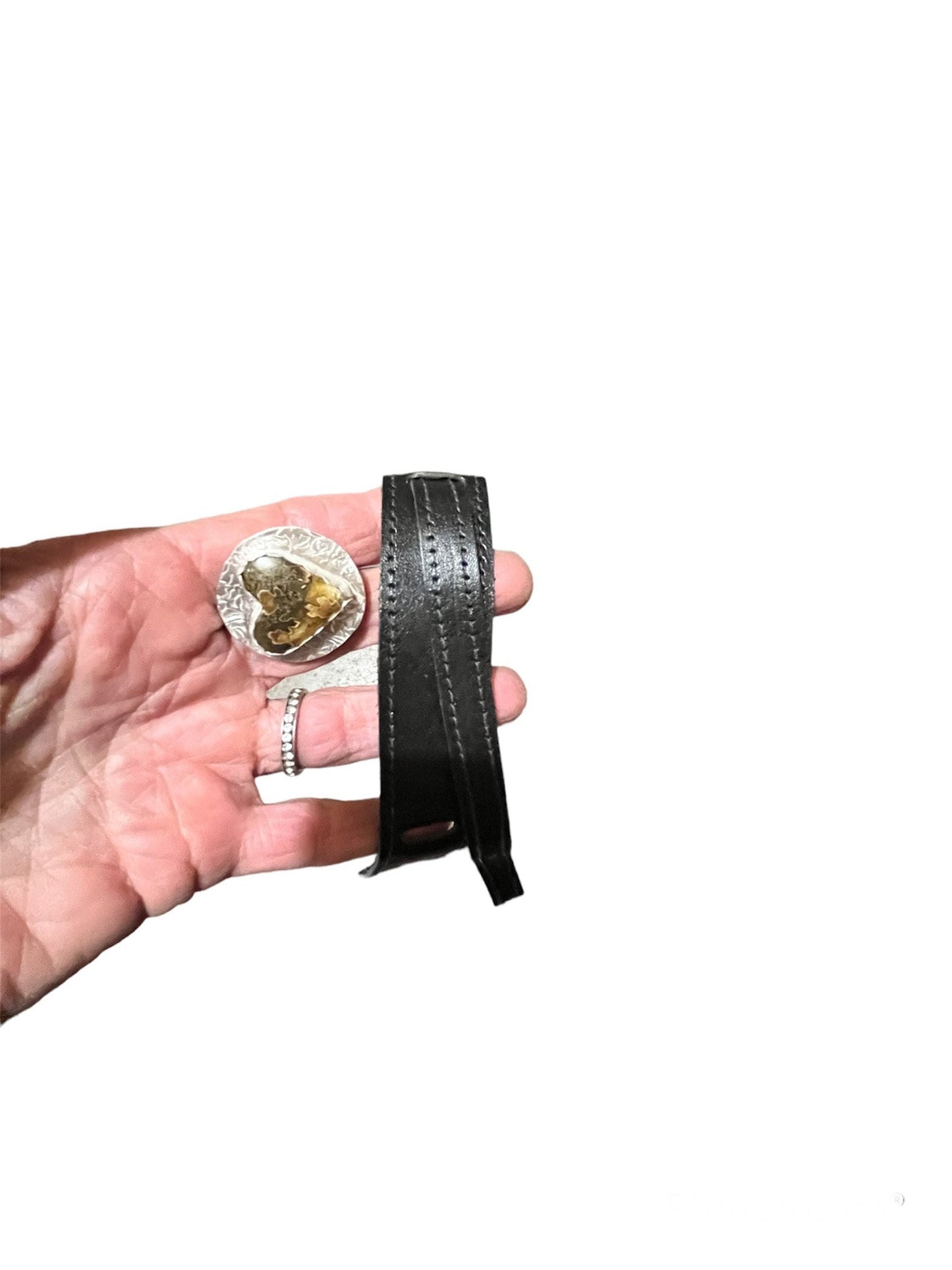Leather bracelet, suture ammonite, stone heart, hearts and leather, OOAK, statement bracelet