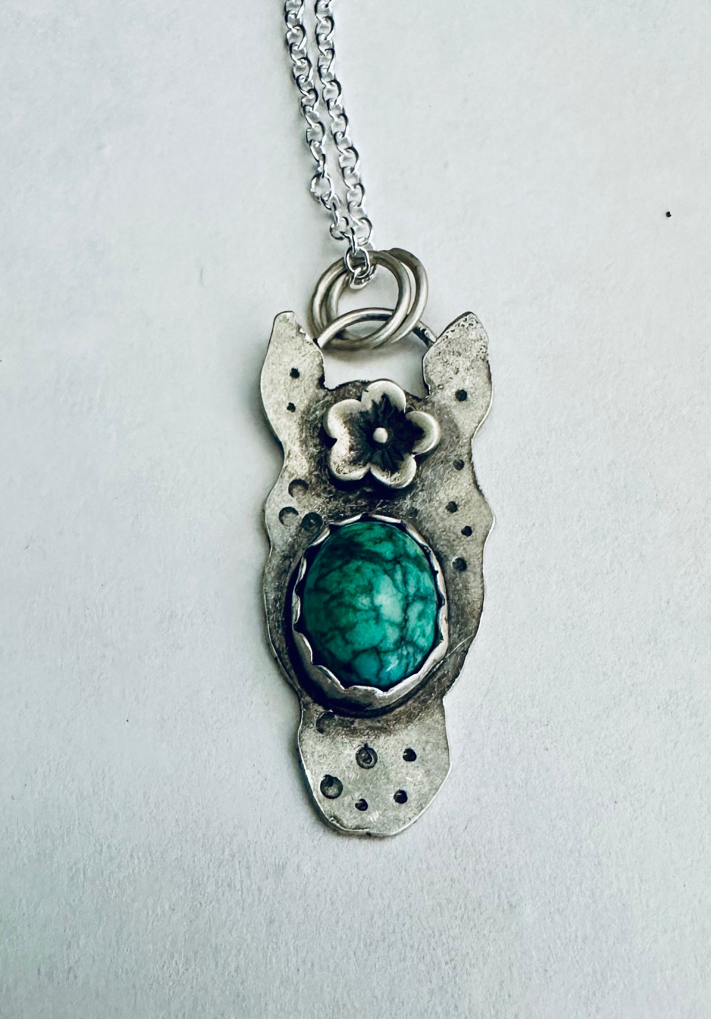 Horse head pendant, hand forged with turquoise