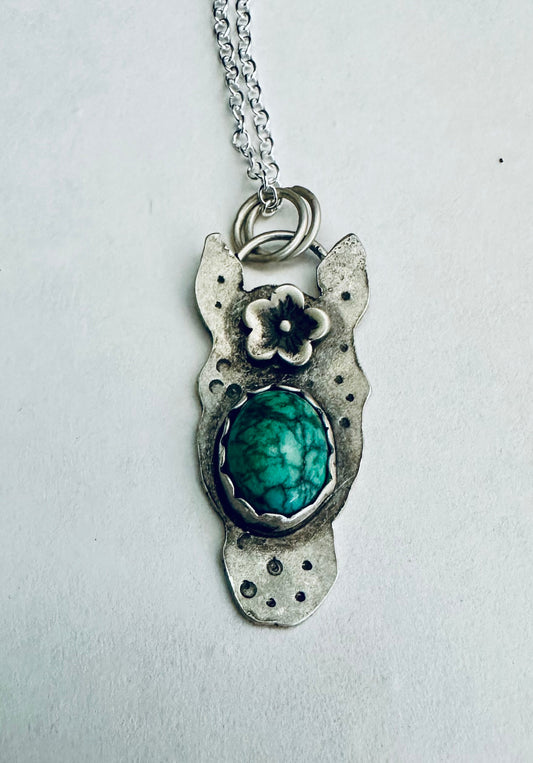 Horse head pendant, hand forged with turquoise