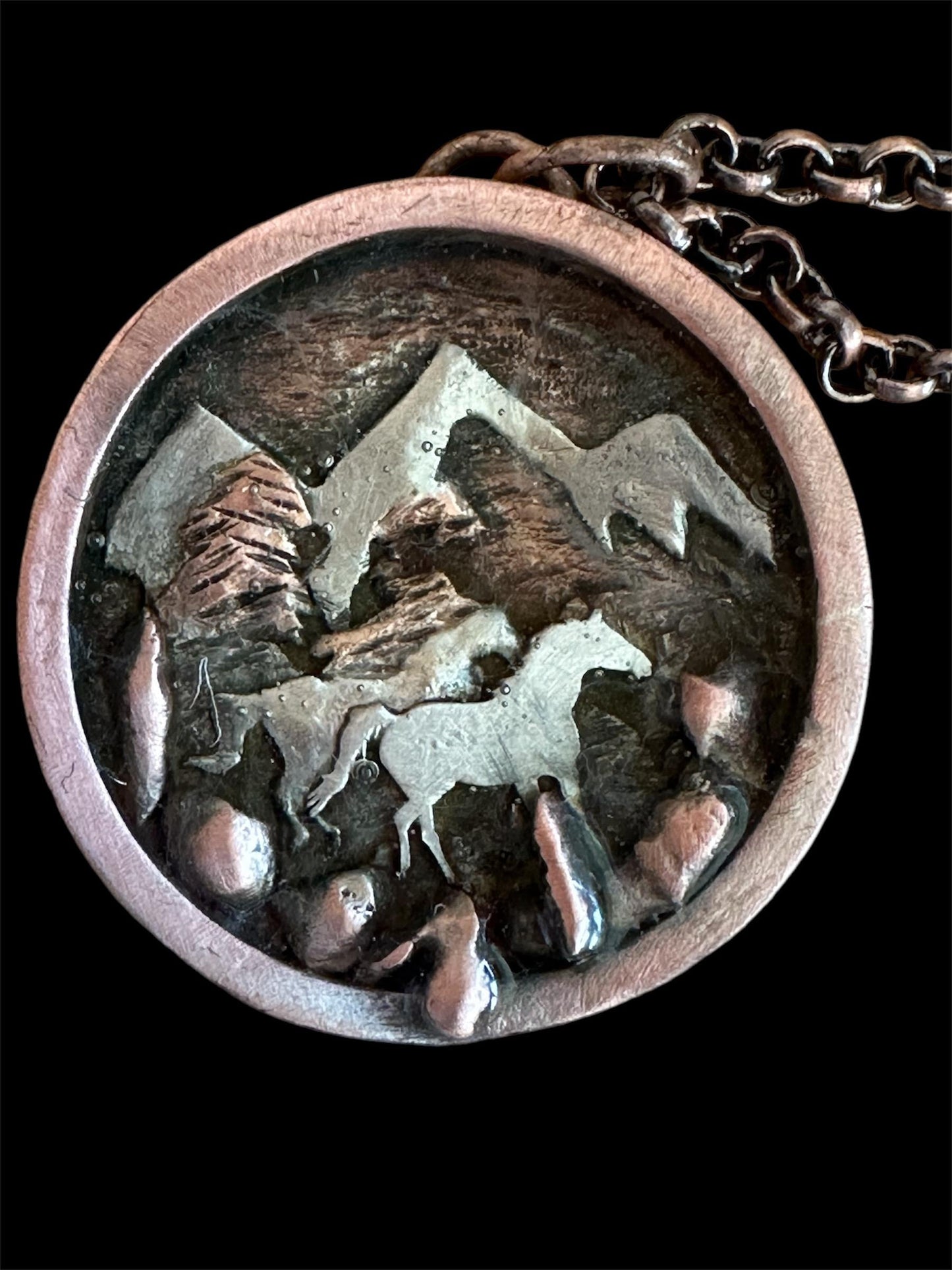 Handmade running horses in mountains bi- metal necklace