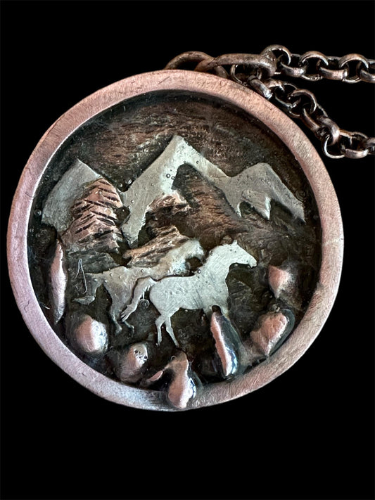 Handmade running horses in mountains bi- metal necklace