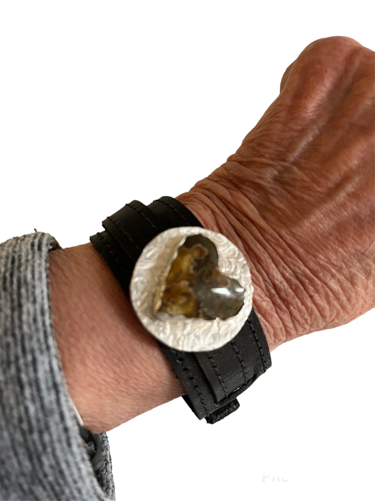 Leather bracelet, suture ammonite, stone heart, hearts and leather, OOAK, statement bracelet