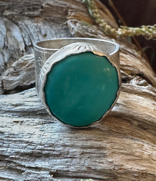 Artisan Blue Cloud Mountain Turquoise Sterling silver ring. hand forged, hand made, size 9 adjustable