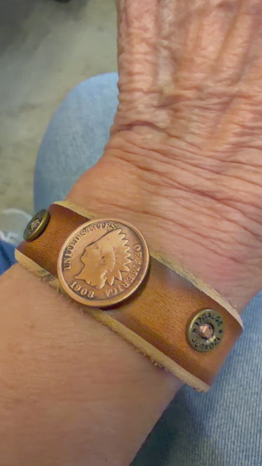 Handcrafted Indian Head Penny Leather Bracelet (1907)