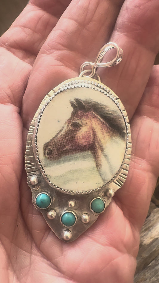 Porcelain Horse Pendant with Turquoise • Handmade Sterling Silver Equestrian Jewelry • Horse Lover Gift • Western Cowgirl Necklace