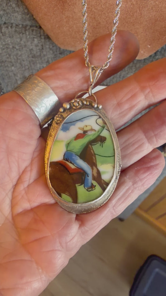 Ceramic Cowboy Pendant – reclaimed Kennedy Half Dollar Setting